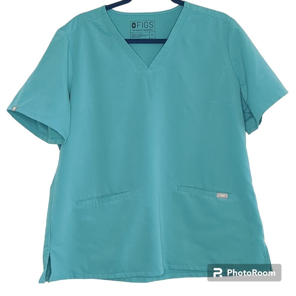 FIGS Technical Collection Scrub Top, Teal Aqua V-Neck, Size XL